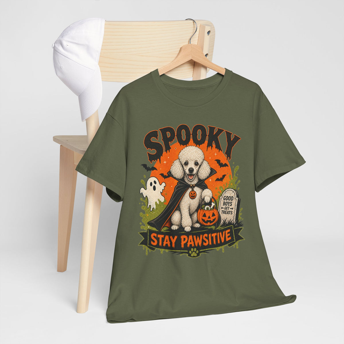 Spooky Stay Pawsitive Unisex T-Shirt — a vampire-caped white Poodle