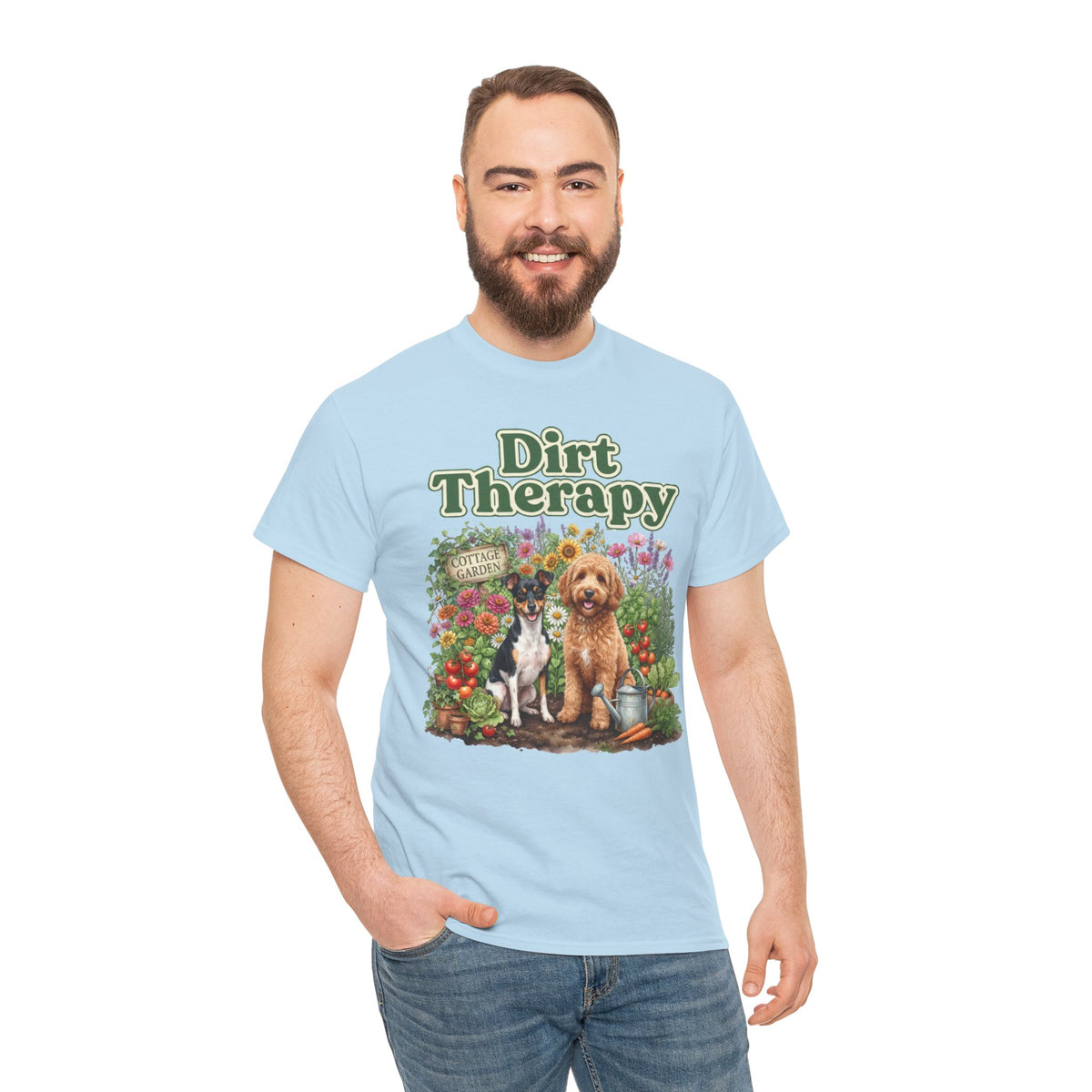 Dirt Therapy Gardening T‑Shirt — Dogs & Flowers Garden Lover Tee