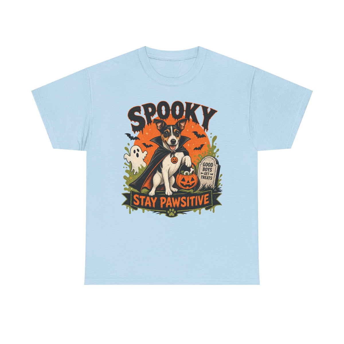 Spooky Stay Pawsitive Unisex T-Shirt — a vampire-caped Jack Russell Terrier