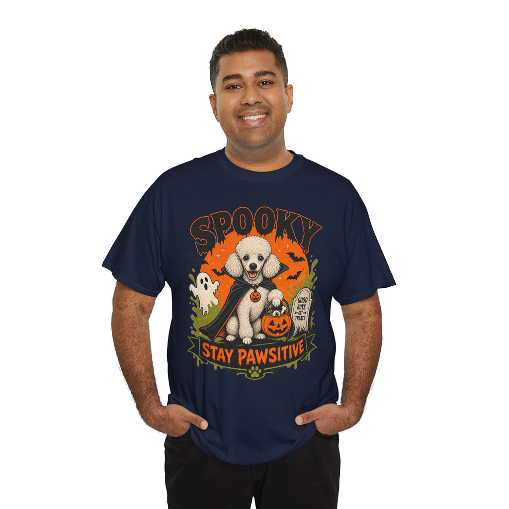 Spooky Stay Pawsitive Unisex T-Shirt — a vampire-caped white Poodle
