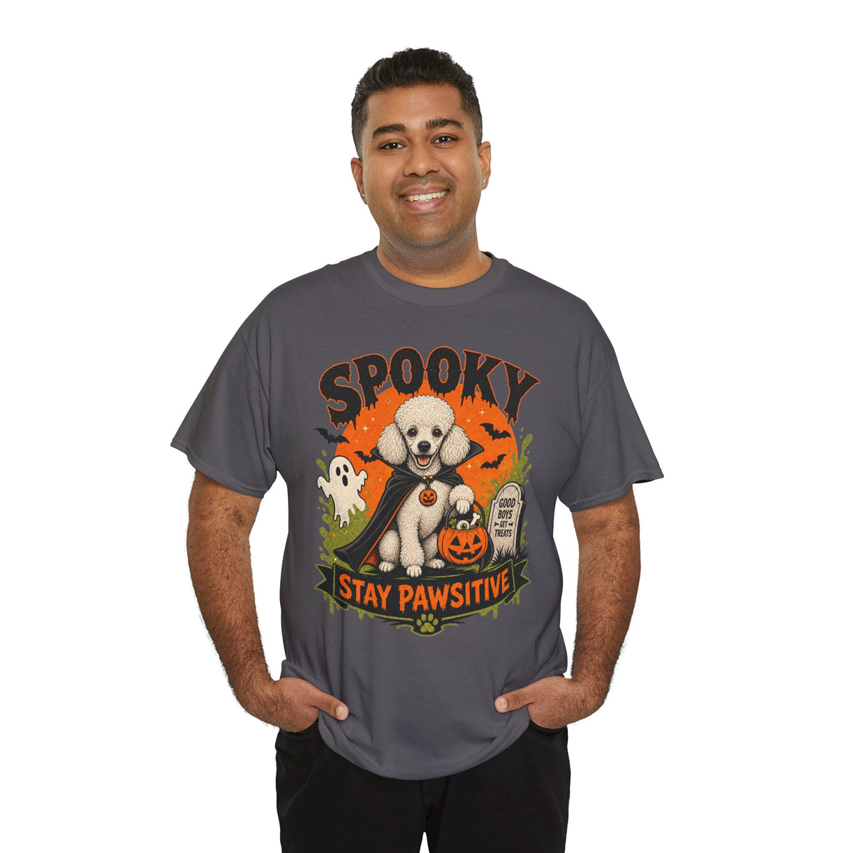 Spooky Stay Pawsitive Unisex T-Shirt — a vampire-caped white Poodle