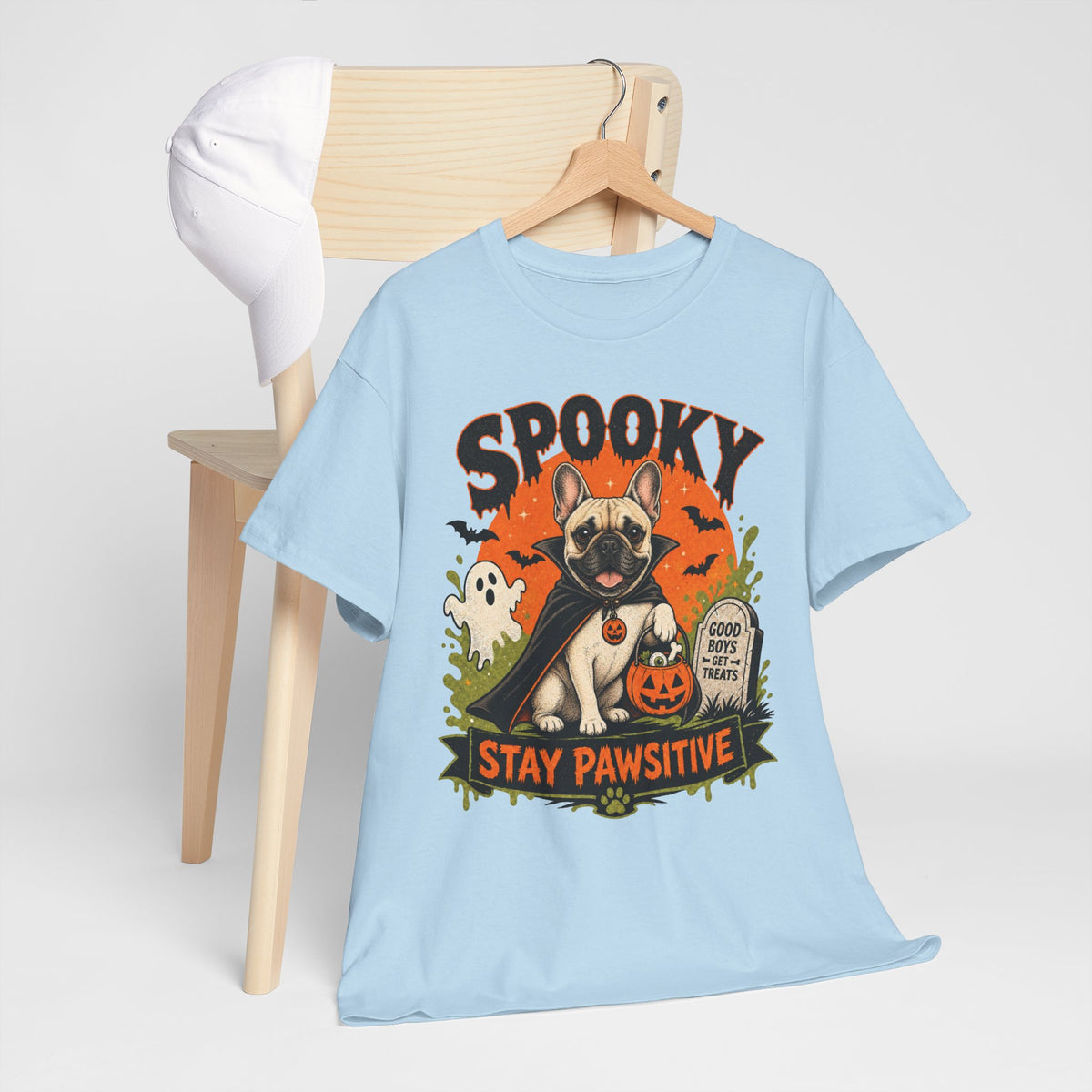 Spooky Stay Pawsitive Unisex T-Shirt — a vampire-caped French bulldog