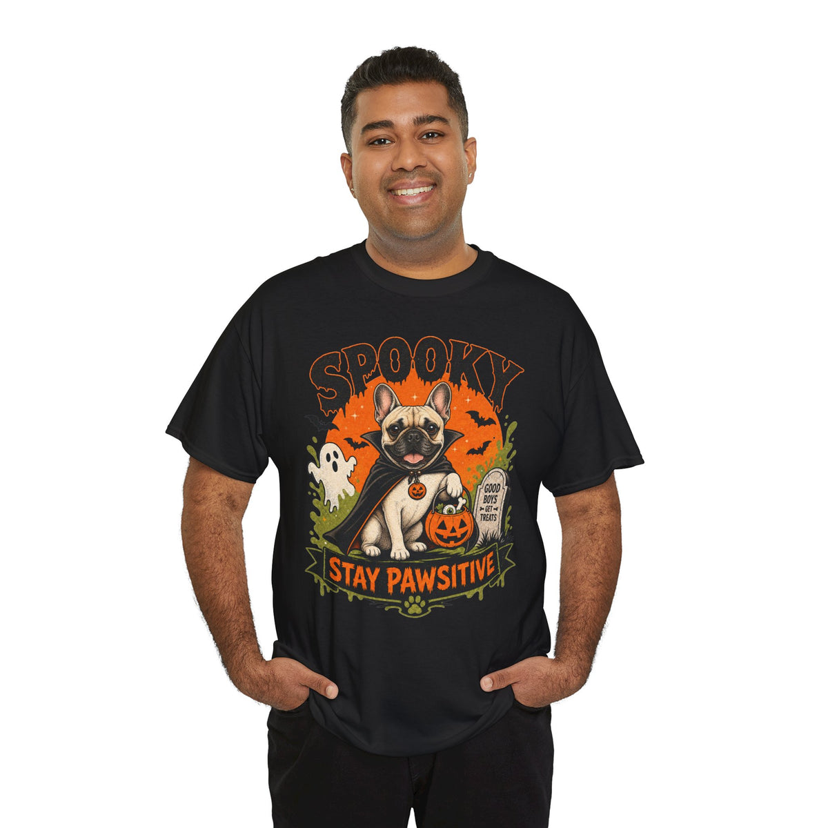Spooky Stay Pawsitive Unisex T-Shirt — a vampire-caped French bulldog