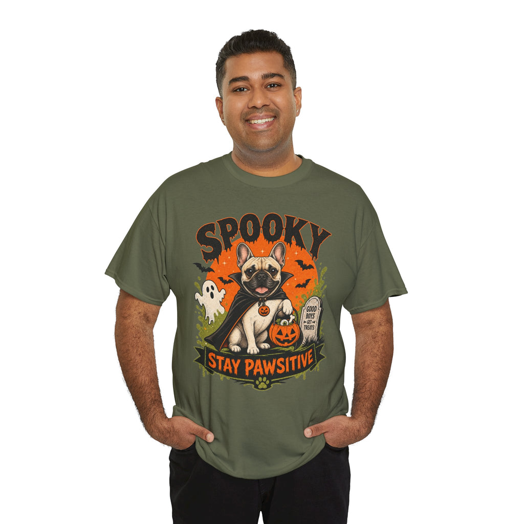 Spooky Stay Pawsitive Unisex T-Shirt — a vampire-caped French bulldog