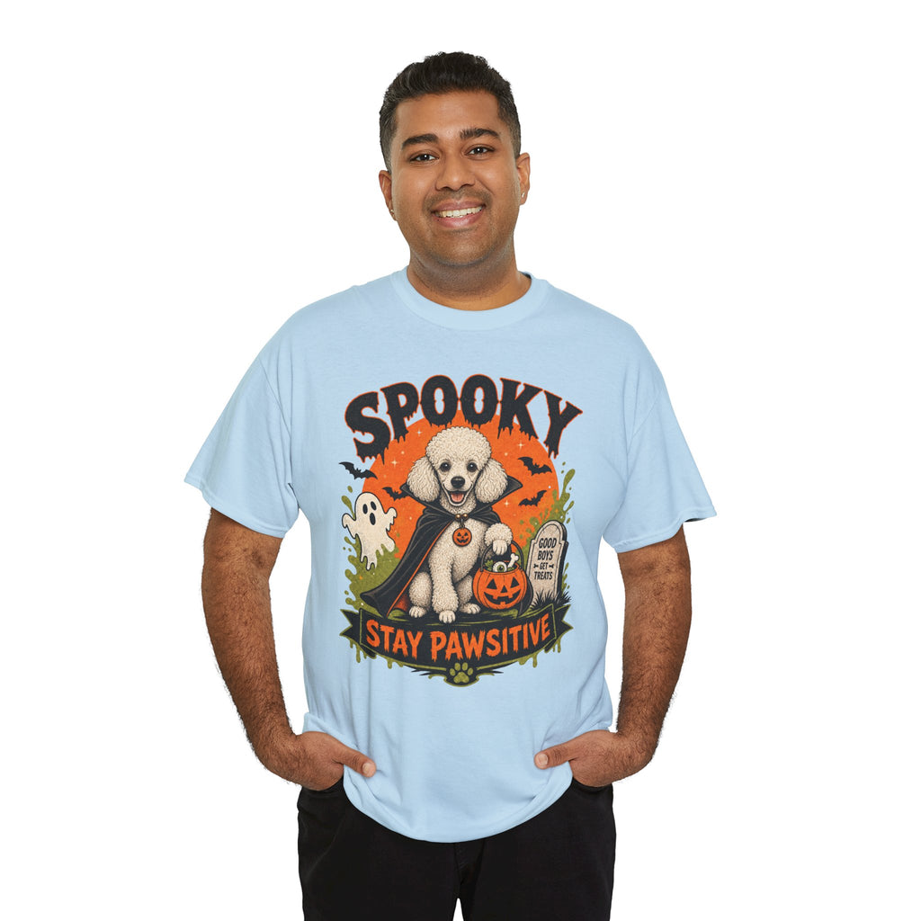 Spooky Stay Pawsitive Unisex T-Shirt — a vampire-caped white Poodle