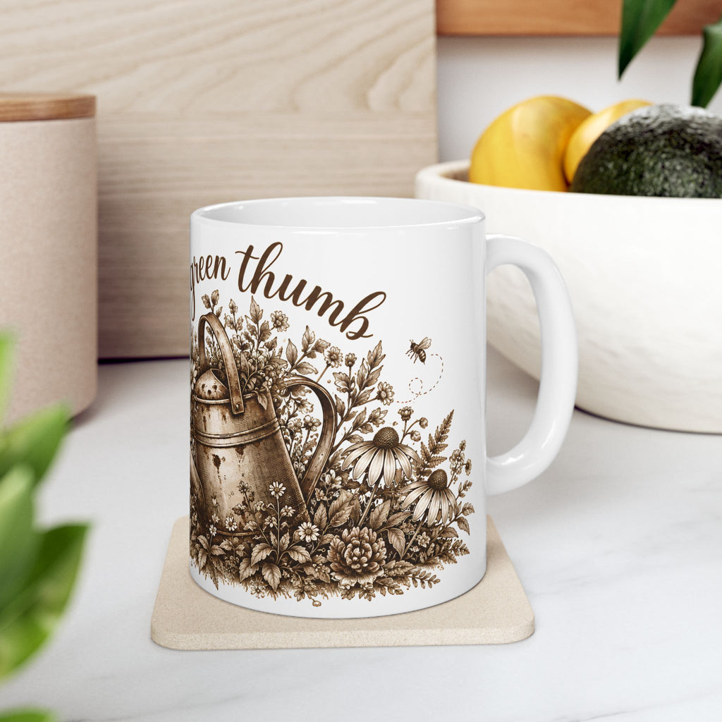 Gardening Mug — 'Green Thumb' Watering Can & Flowers Ceramic Coffee Cup (11oz)