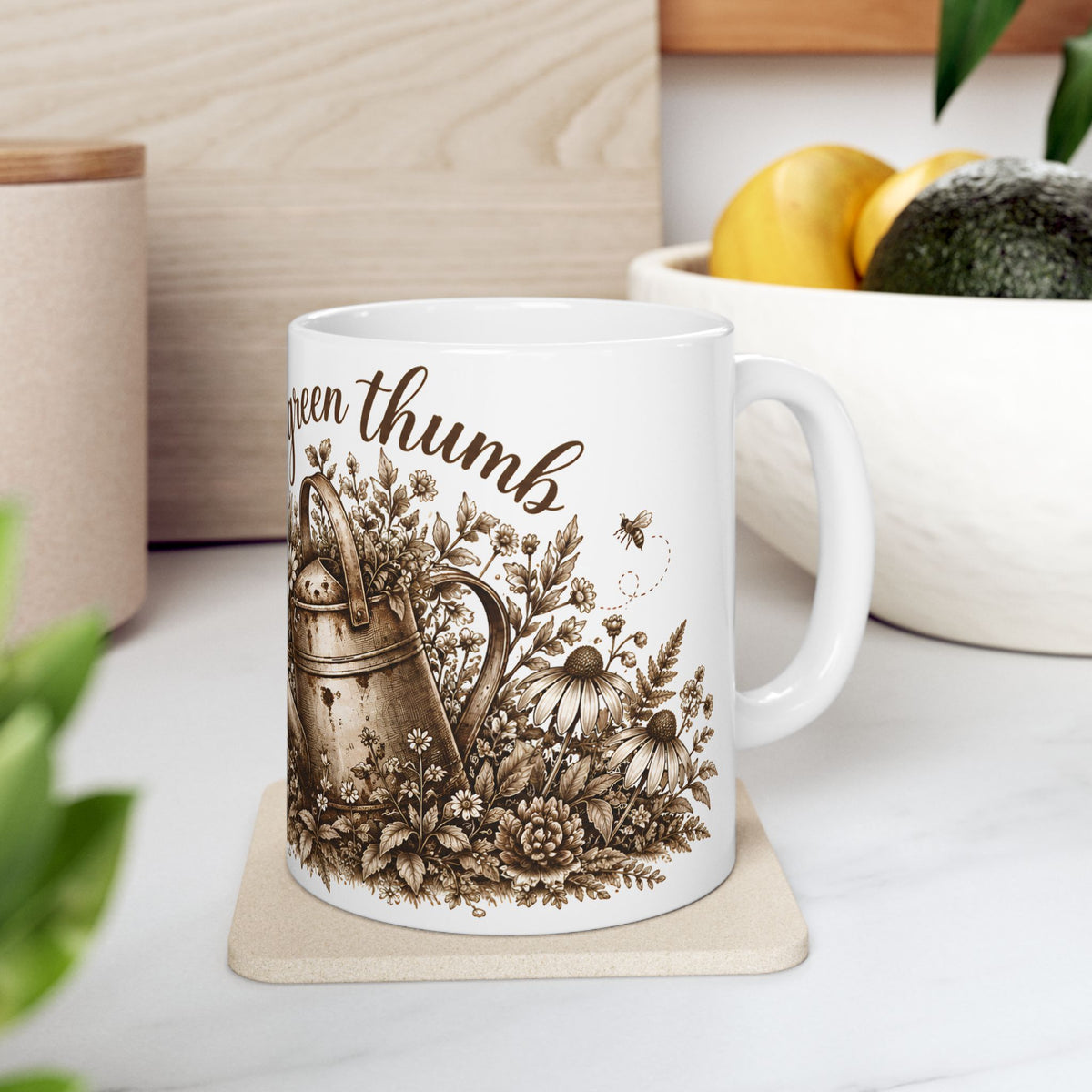 Gardening Mug — 'Green Thumb' Watering Can & Flowers Ceramic Coffee Cup (11oz)