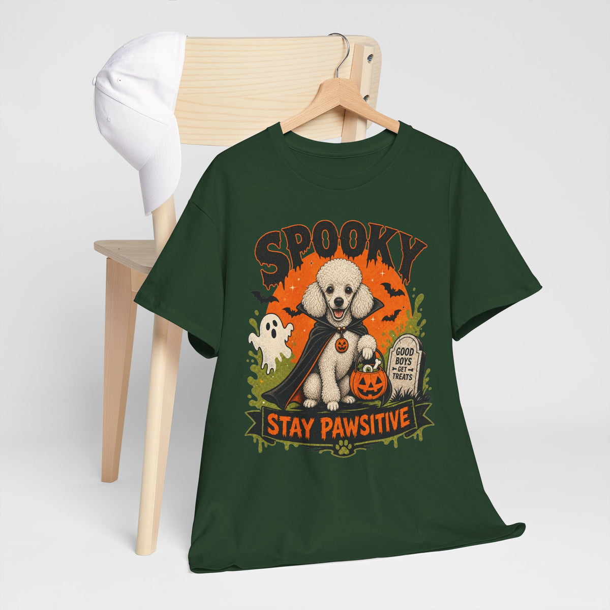 Spooky Stay Pawsitive Unisex T-Shirt — a vampire-caped white Poodle
