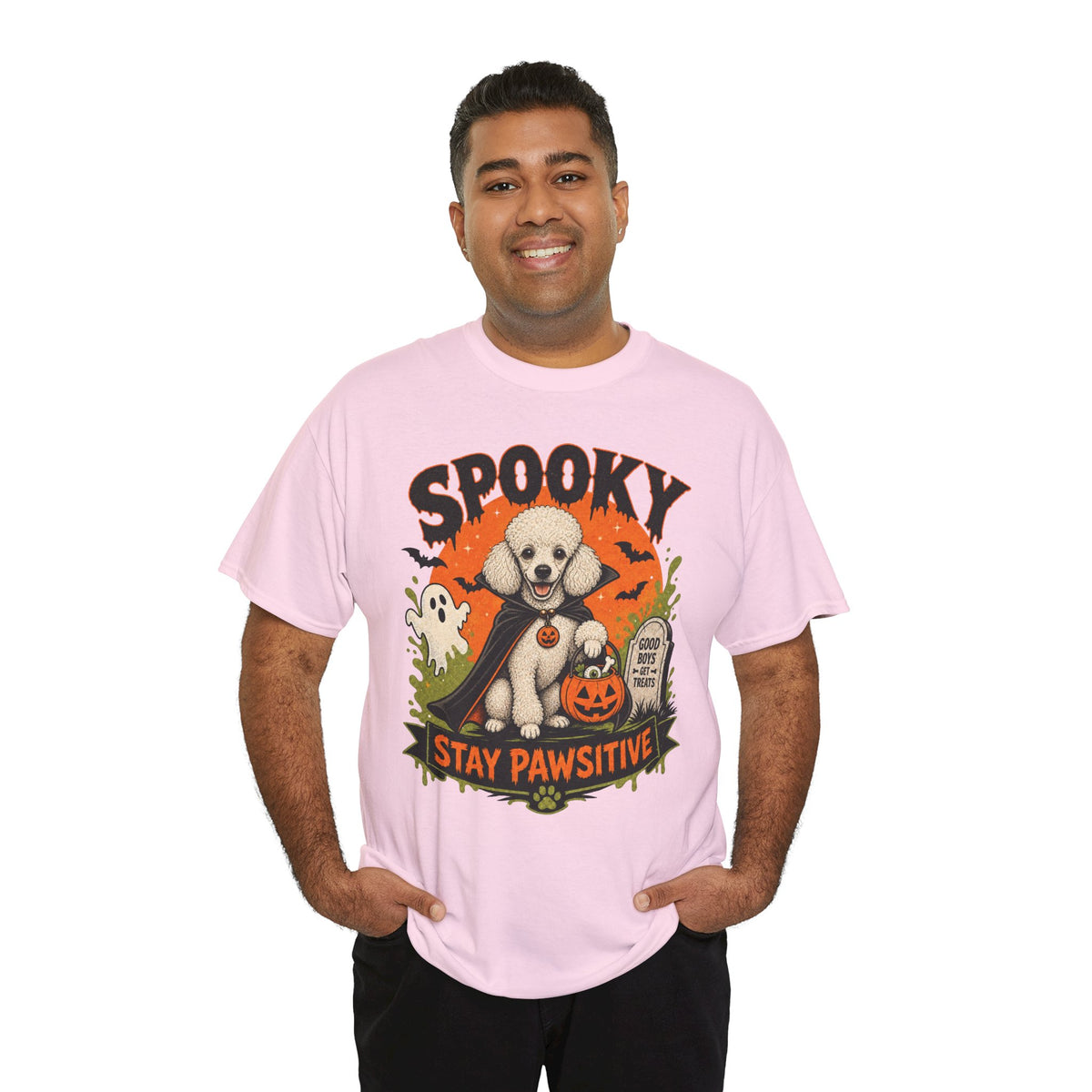 Spooky Stay Pawsitive Unisex T-Shirt — a vampire-caped white Poodle