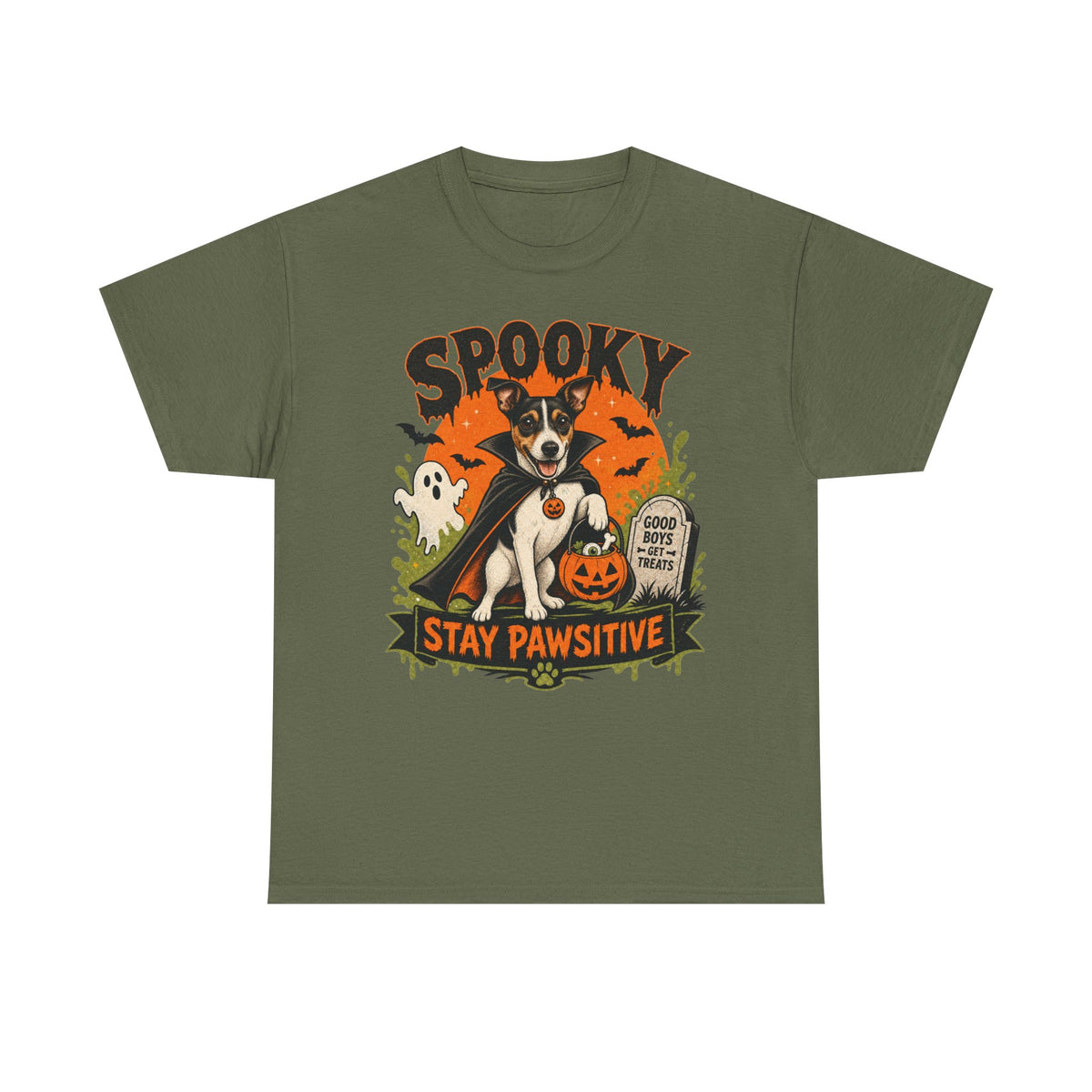 Spooky Stay Pawsitive Unisex T-Shirt — a vampire-caped Jack Russell Terrier