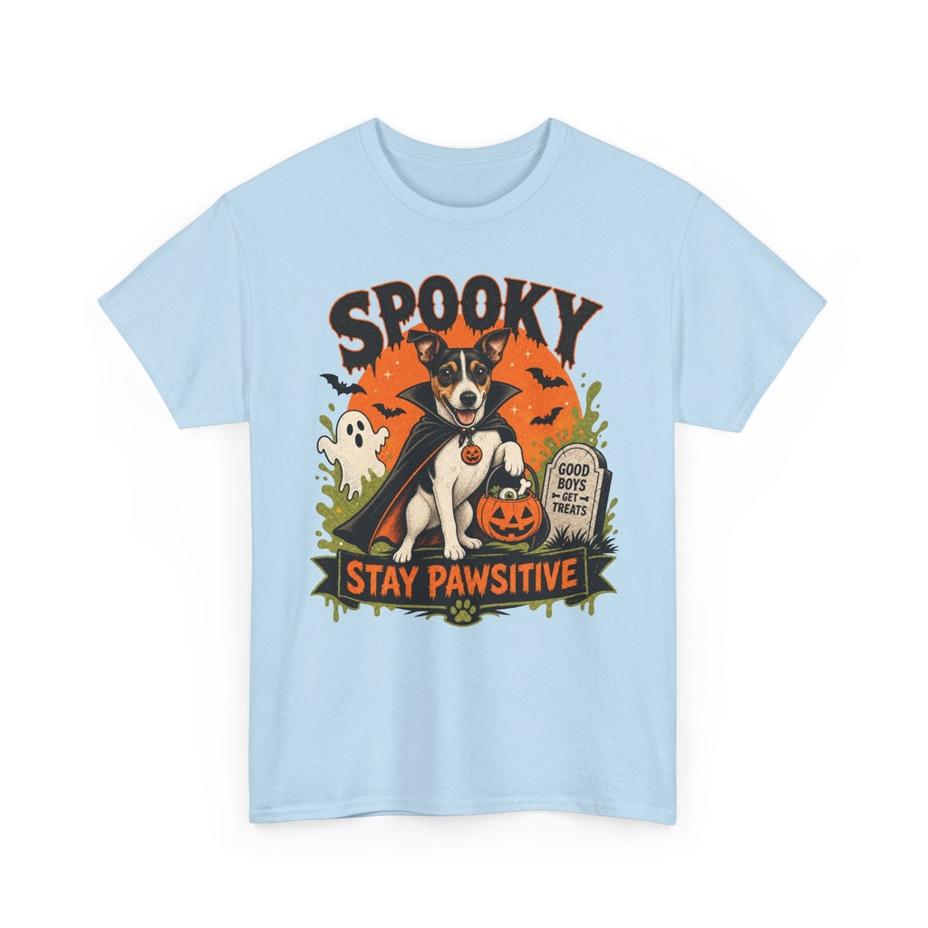 Spooky Stay Pawsitive Unisex T-Shirt — a vampire-caped Jack Russell Terrier