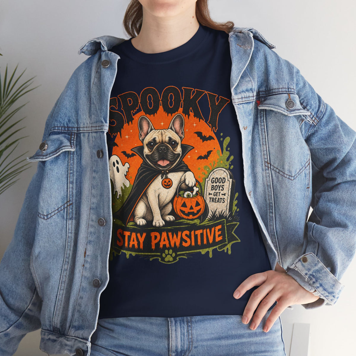 Spooky Stay Pawsitive Unisex T-Shirt — a vampire-caped French bulldog
