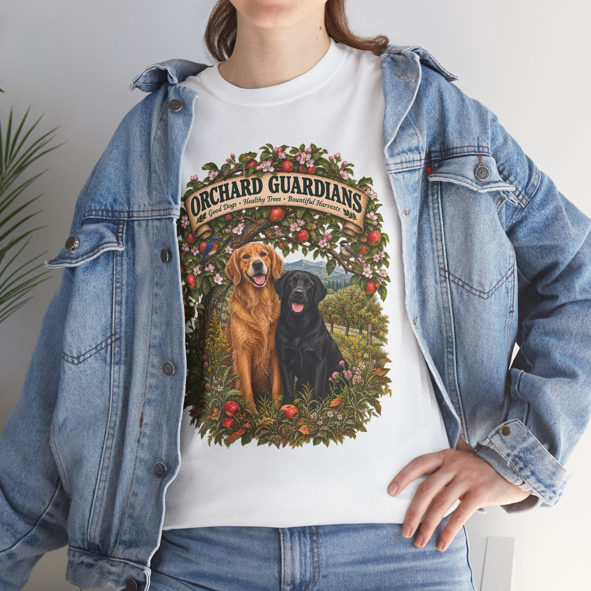 Orchard Guardians T-Shirt — Golden & Black Labrador Dog Tee