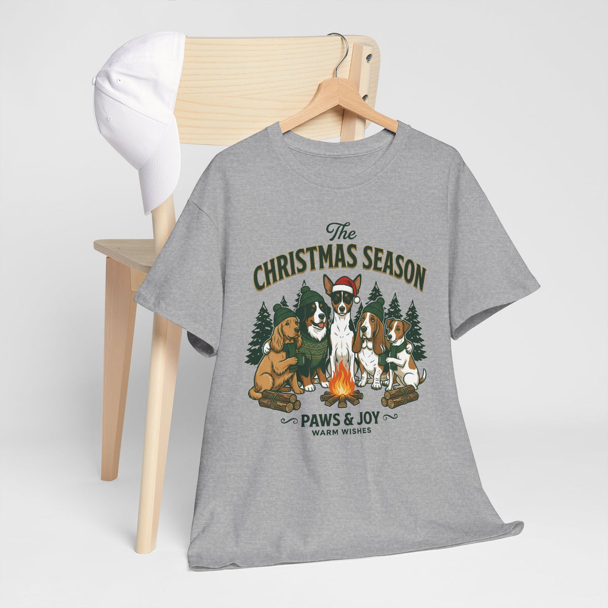 The Christmas Season Unisex T-Shirt — dogs relax around a crackling campfire