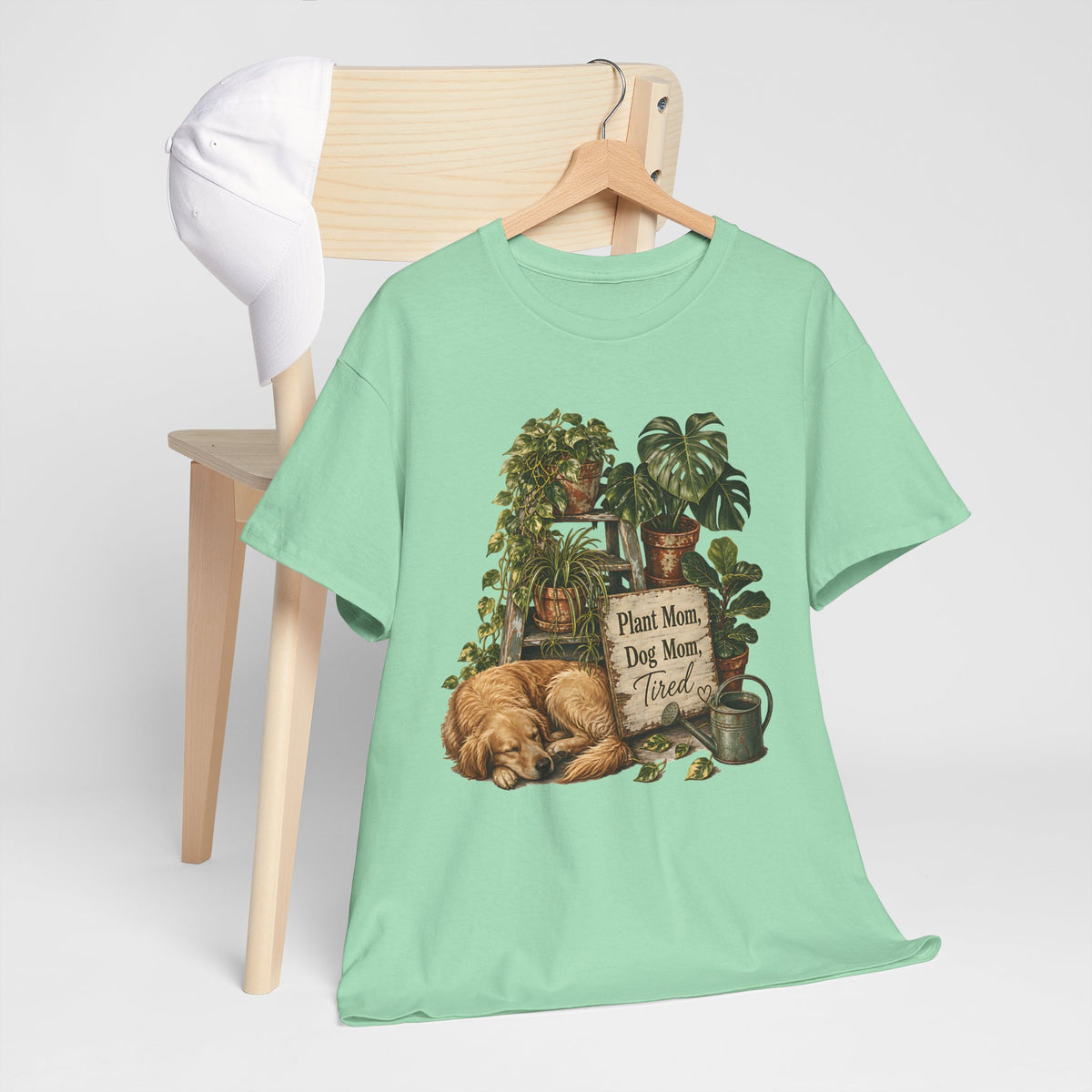 Plant Mom Dog Mom T-Shirt — Cozy Plant Lover Tee with Sleeping Dog Design