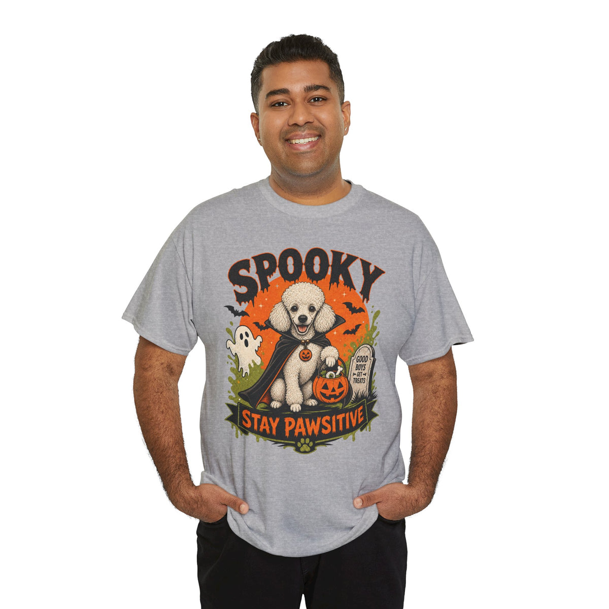 Spooky Stay Pawsitive Unisex T-Shirt — a vampire-caped white Poodle