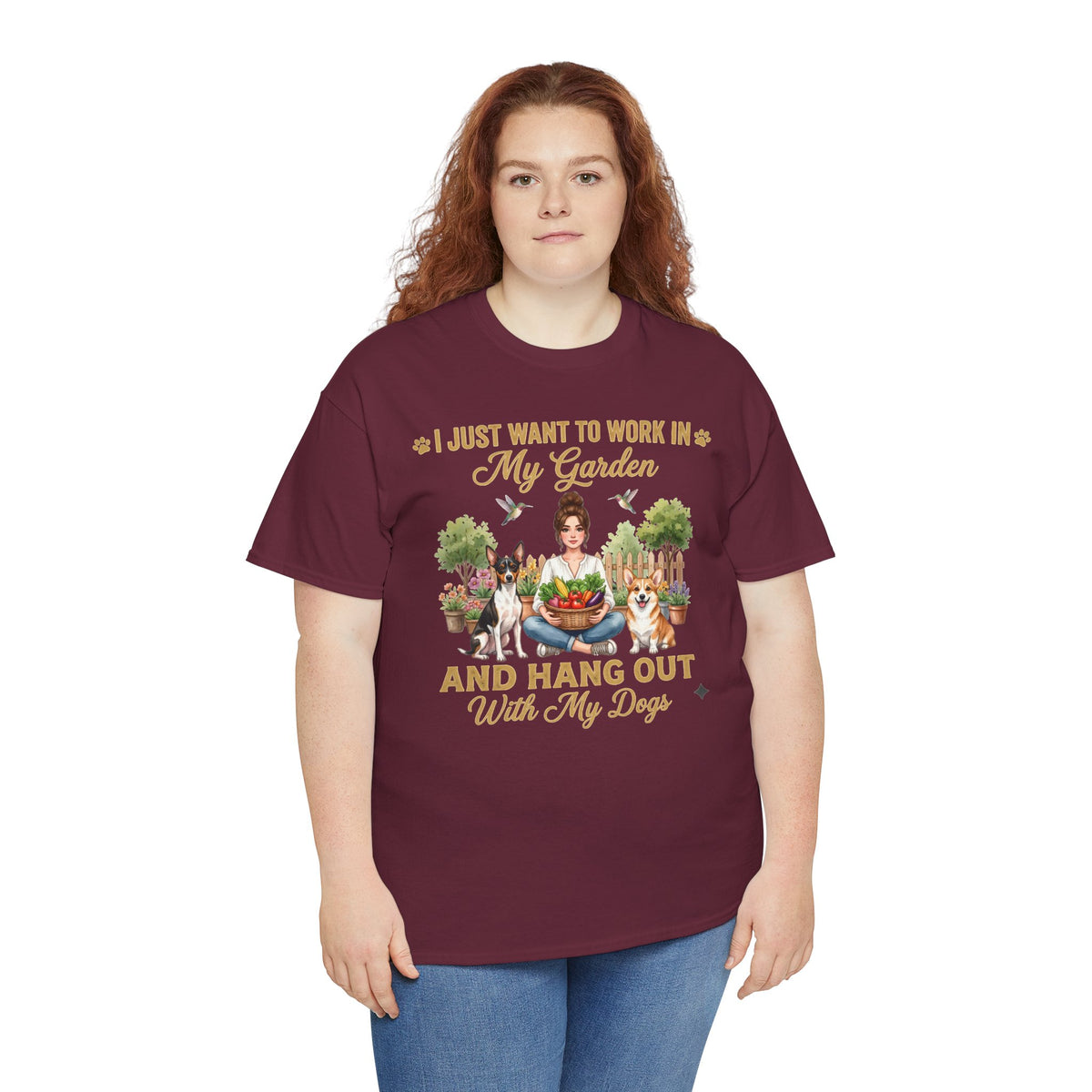 I Just Want to Work in My Garden and Hang Out With My Dogs Unisex T-Shirt — woman among potted plants with her dogs
