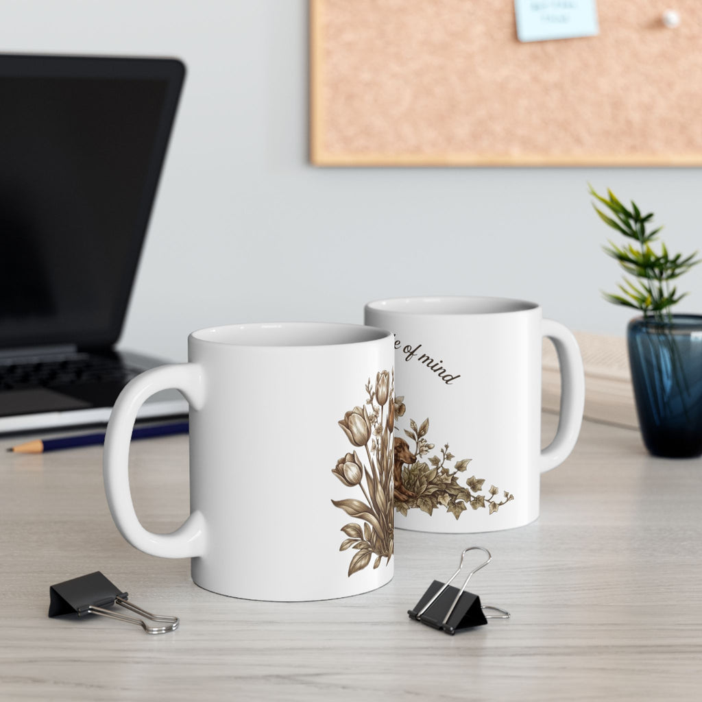 Garden State of Mind Ceramic Mug — Dachshund & Vintage Floral Coffee Cup (11oz/15oz)
