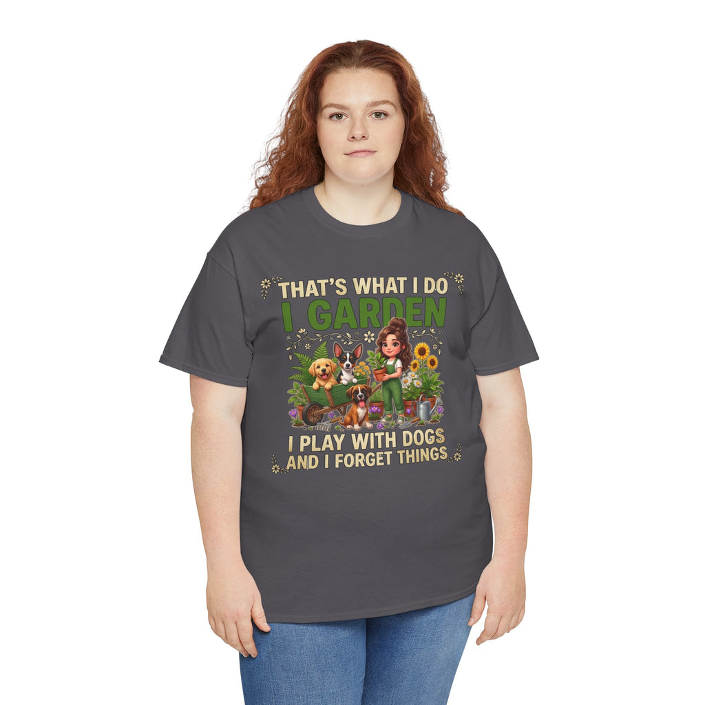 That's What I Do I Garden I Play With Dogs And I Forget Things Unisex T-Shirt — gardener with three dogs among sunflowers