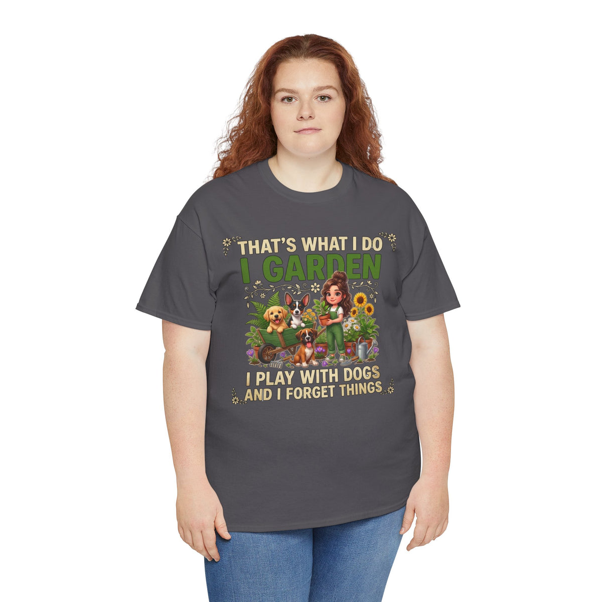 That's What I Do I Garden I Play With Dogs And I Forget Things Unisex T-Shirt — gardener with three dogs among sunflowers