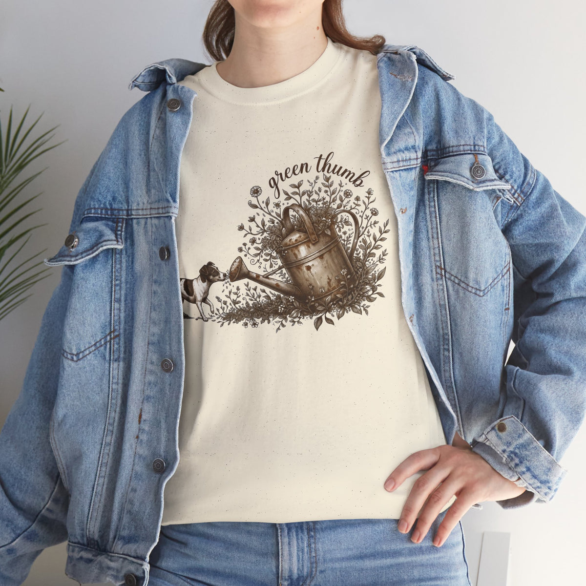 Green Thumb T-Shirt — Vintage Garden Watering Can & Puppy Graphic