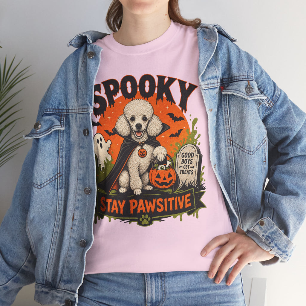 Spooky Stay Pawsitive Unisex T-Shirt — a vampire-caped white Poodle