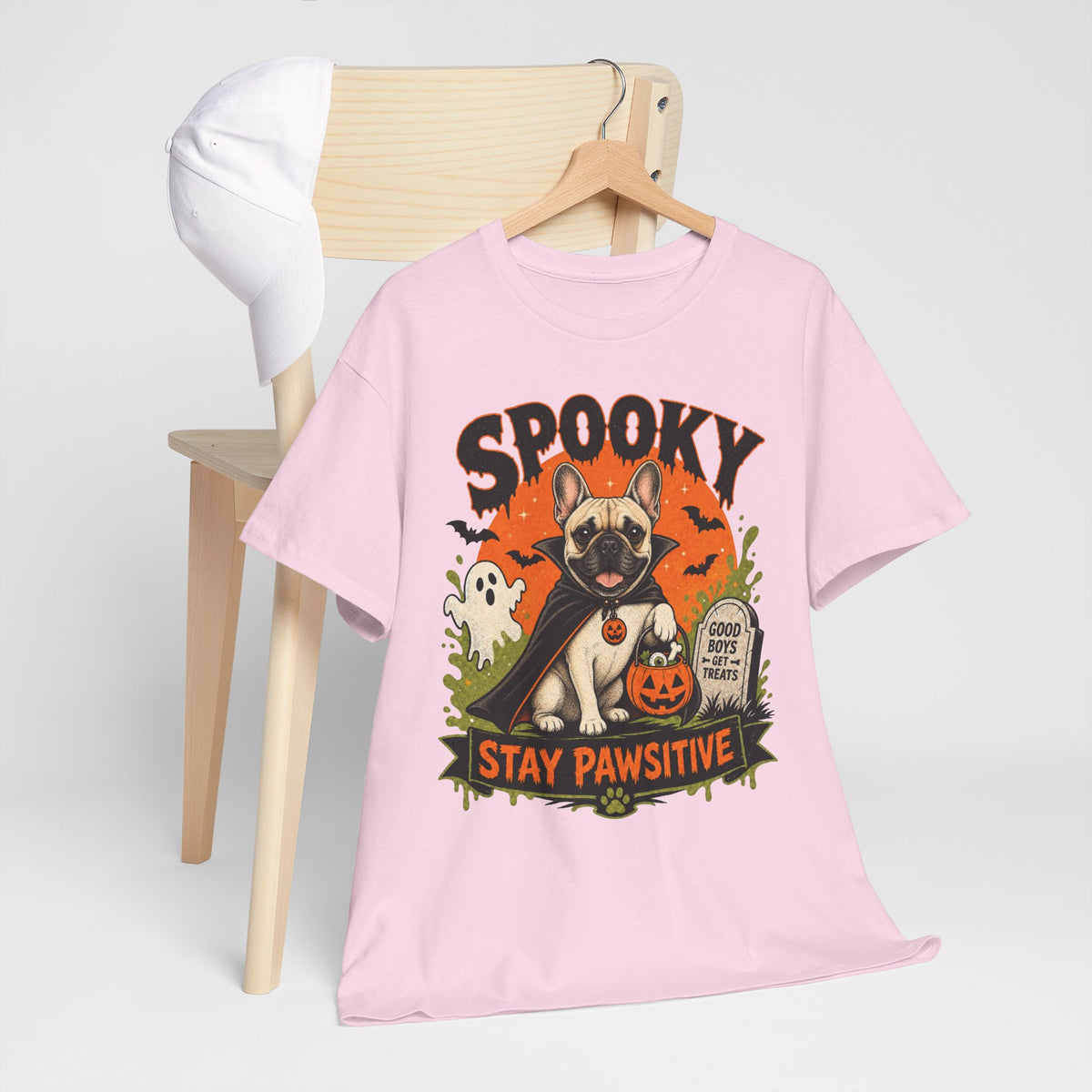 Spooky Stay Pawsitive Unisex T-Shirt — a vampire-caped French bulldog