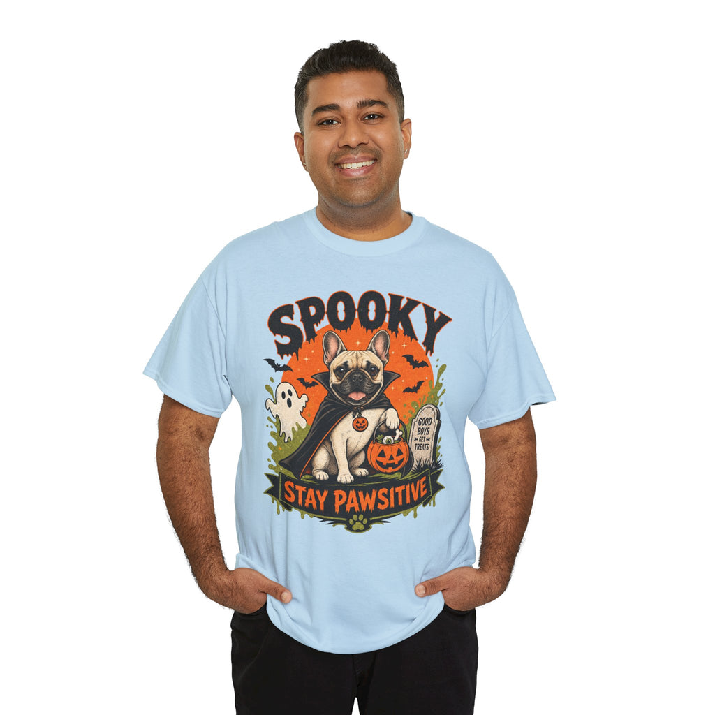 Spooky Stay Pawsitive Unisex T-Shirt — a vampire-caped French bulldog