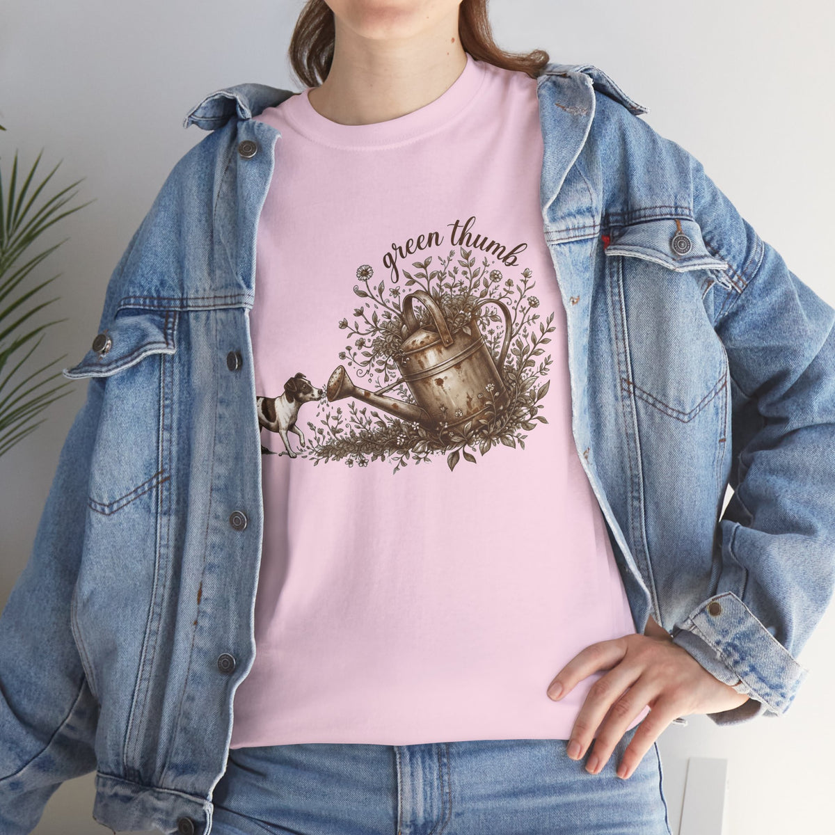 Green Thumb T-Shirt — Vintage Garden Watering Can & Puppy Graphic