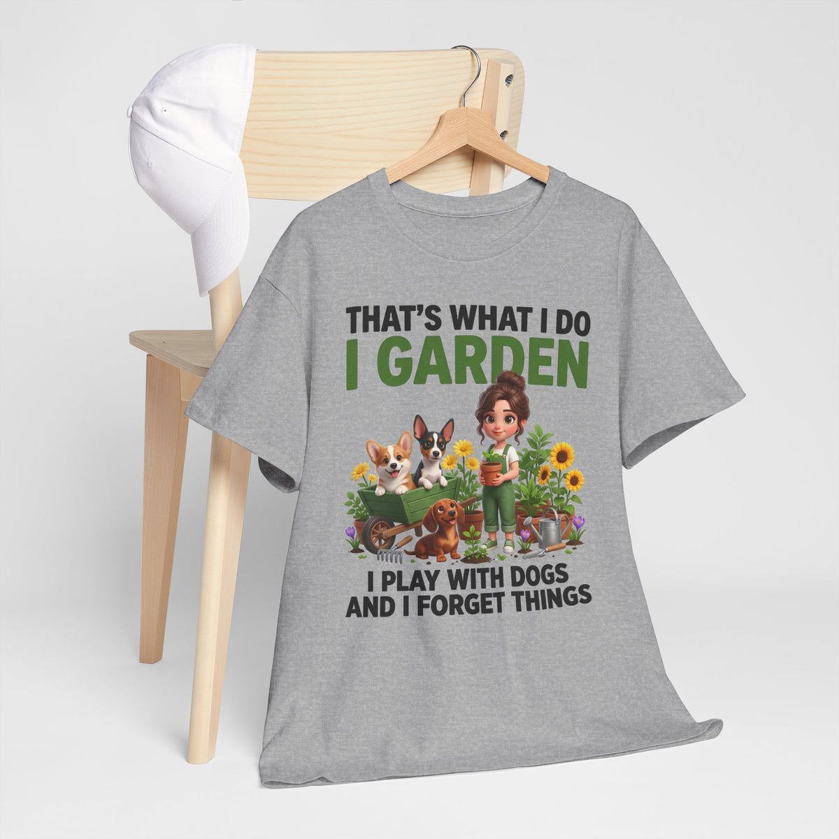 That's What I Do I Garden I Play With Dogs And I Forget Things Unisex T-Shirt — corgi, dachshund & rat terrier (v2)