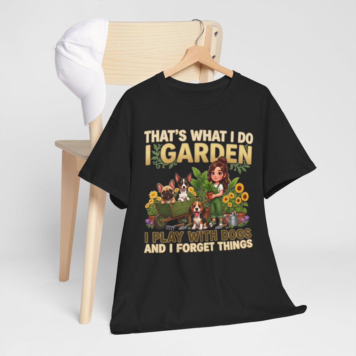 That's What I Do I Garden I Play With Dogs And I Forget Things Unisex T-Shirt — corgi, dachshund & rat terrier (v1)