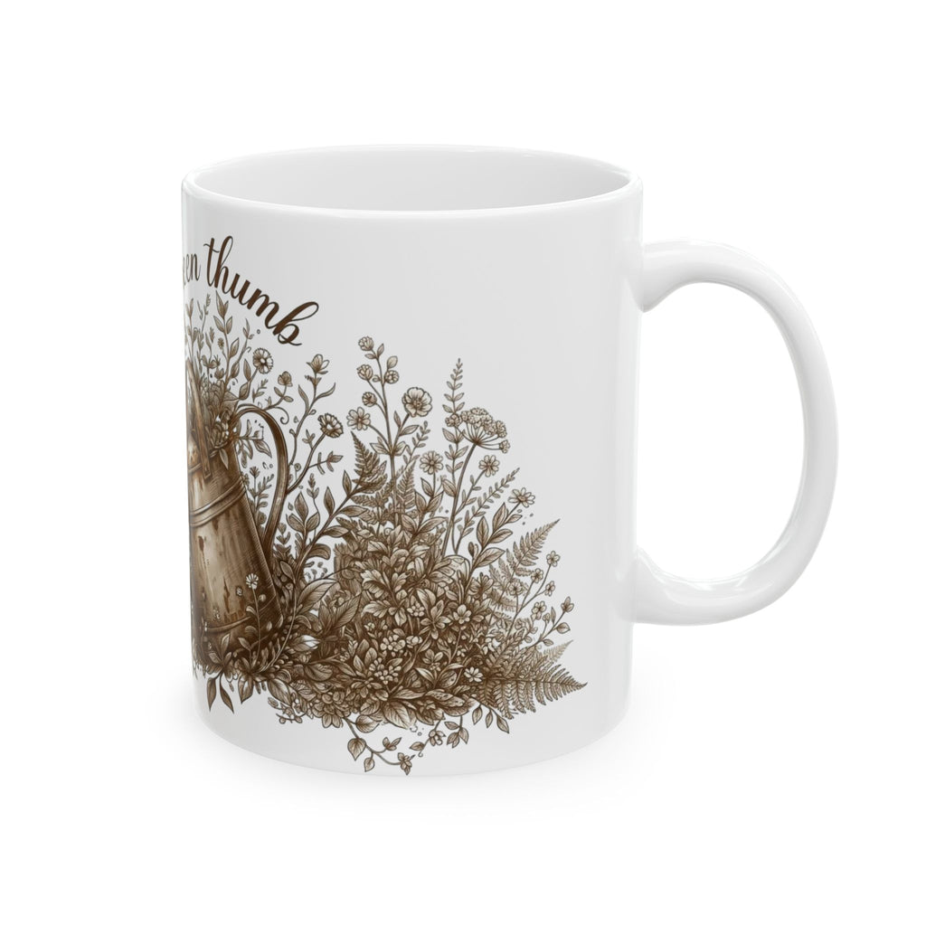 Green Thumb Ceramic Mug — Gardening Watering Can Design (11oz & 15oz)