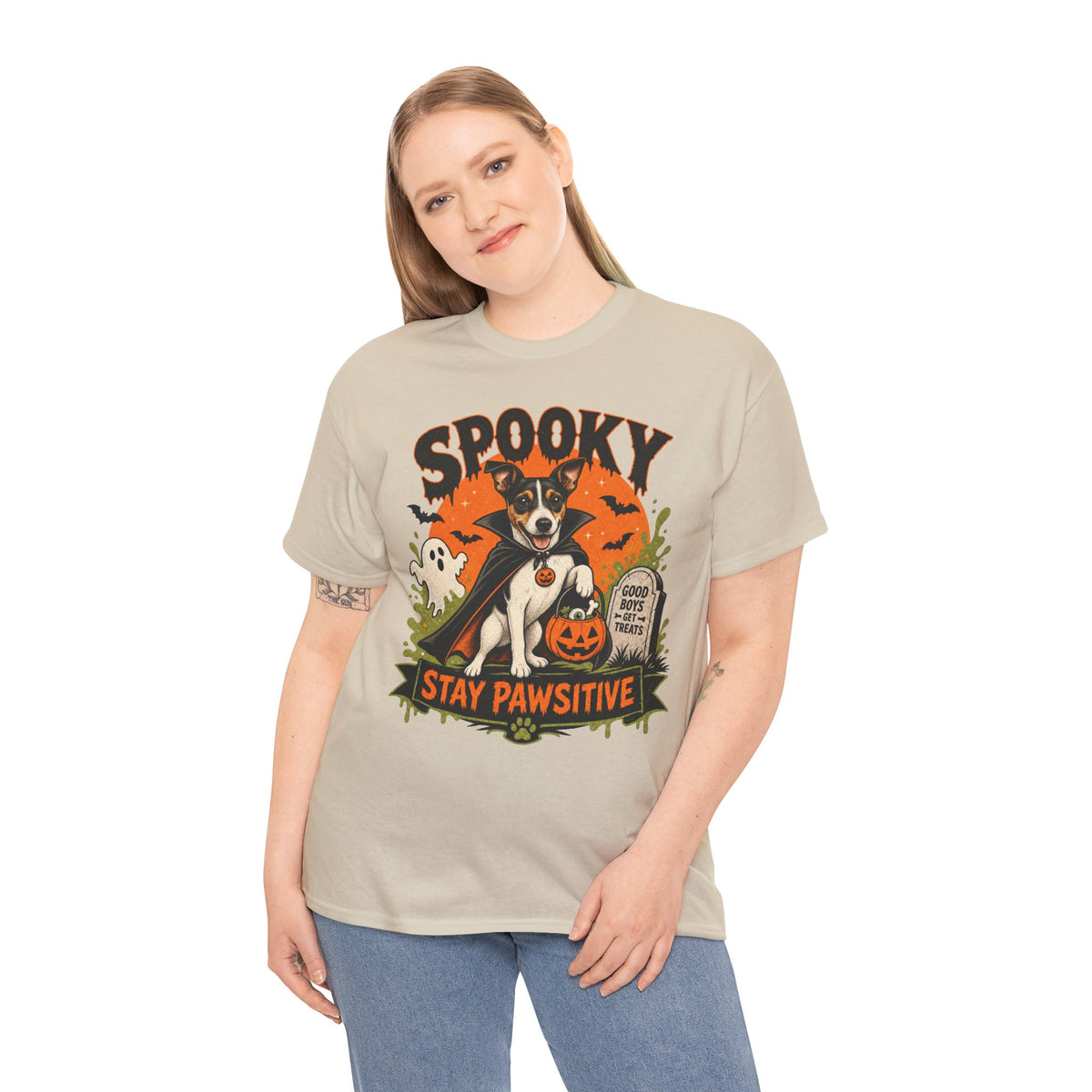 Spooky Stay Pawsitive Unisex T-Shirt — a vampire-caped Jack Russell Terrier