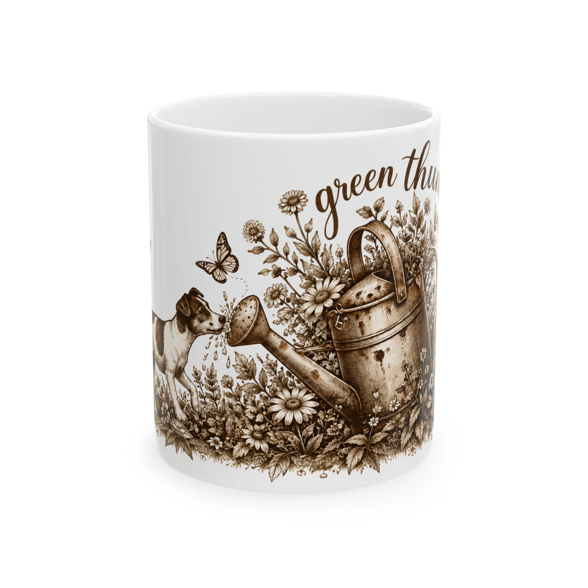 Gardening Mug — 'Green Thumb' Watering Can & Flowers Ceramic Coffee Cup (11oz)