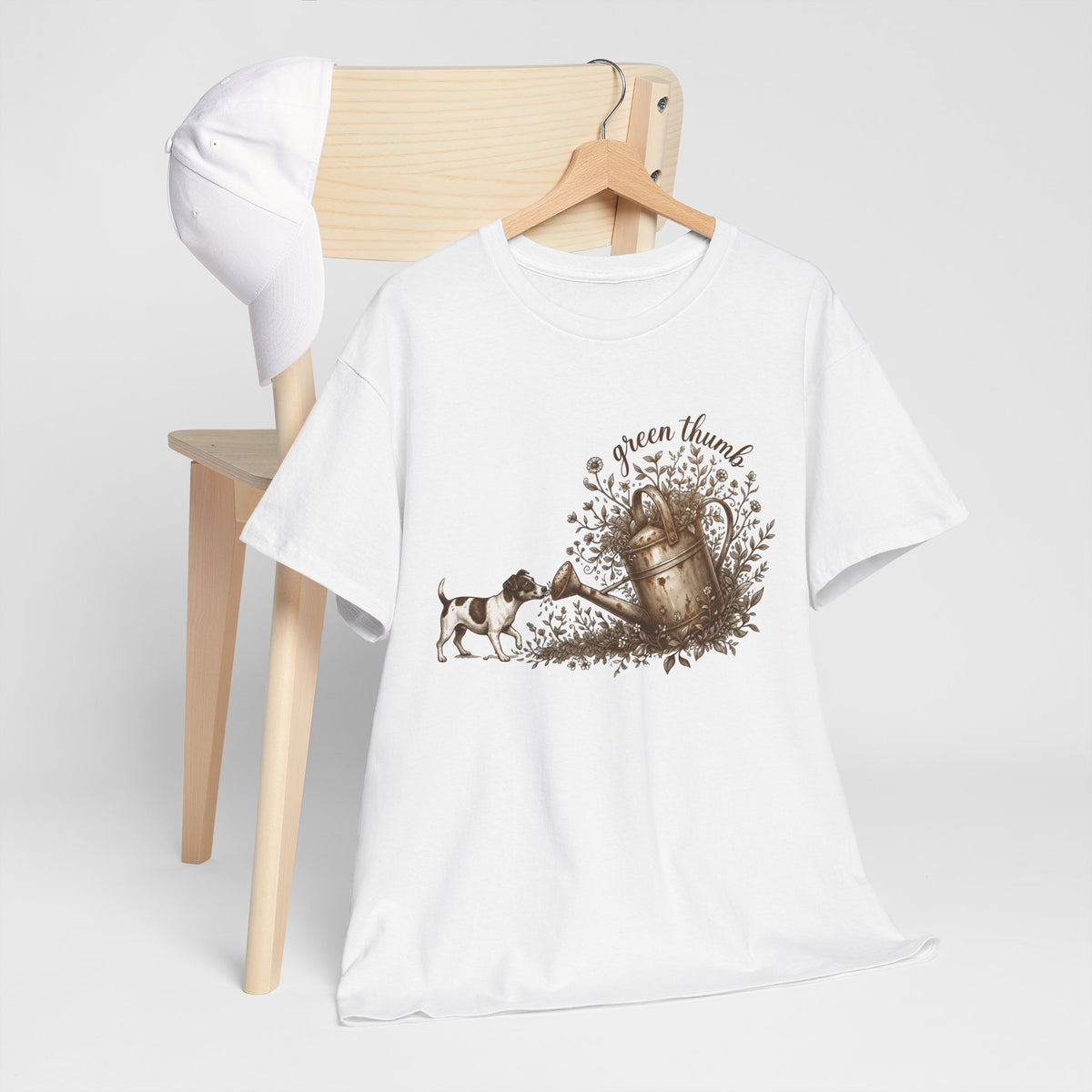 Green Thumb T-Shirt — Vintage Garden Watering Can & Puppy Graphic