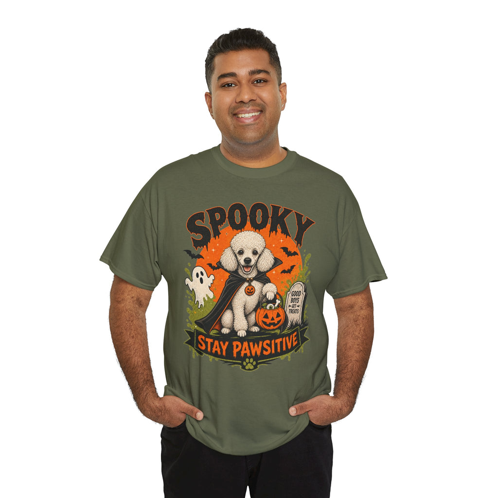 Spooky Stay Pawsitive Unisex T-Shirt — a vampire-caped white Poodle