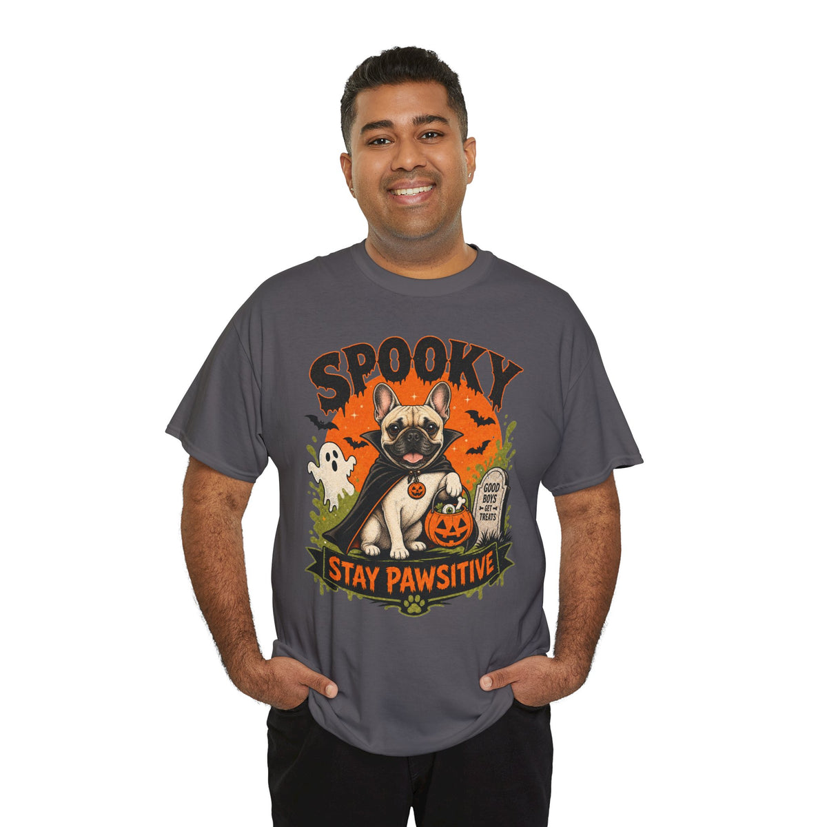 Spooky Stay Pawsitive Unisex T-Shirt — a vampire-caped French bulldog