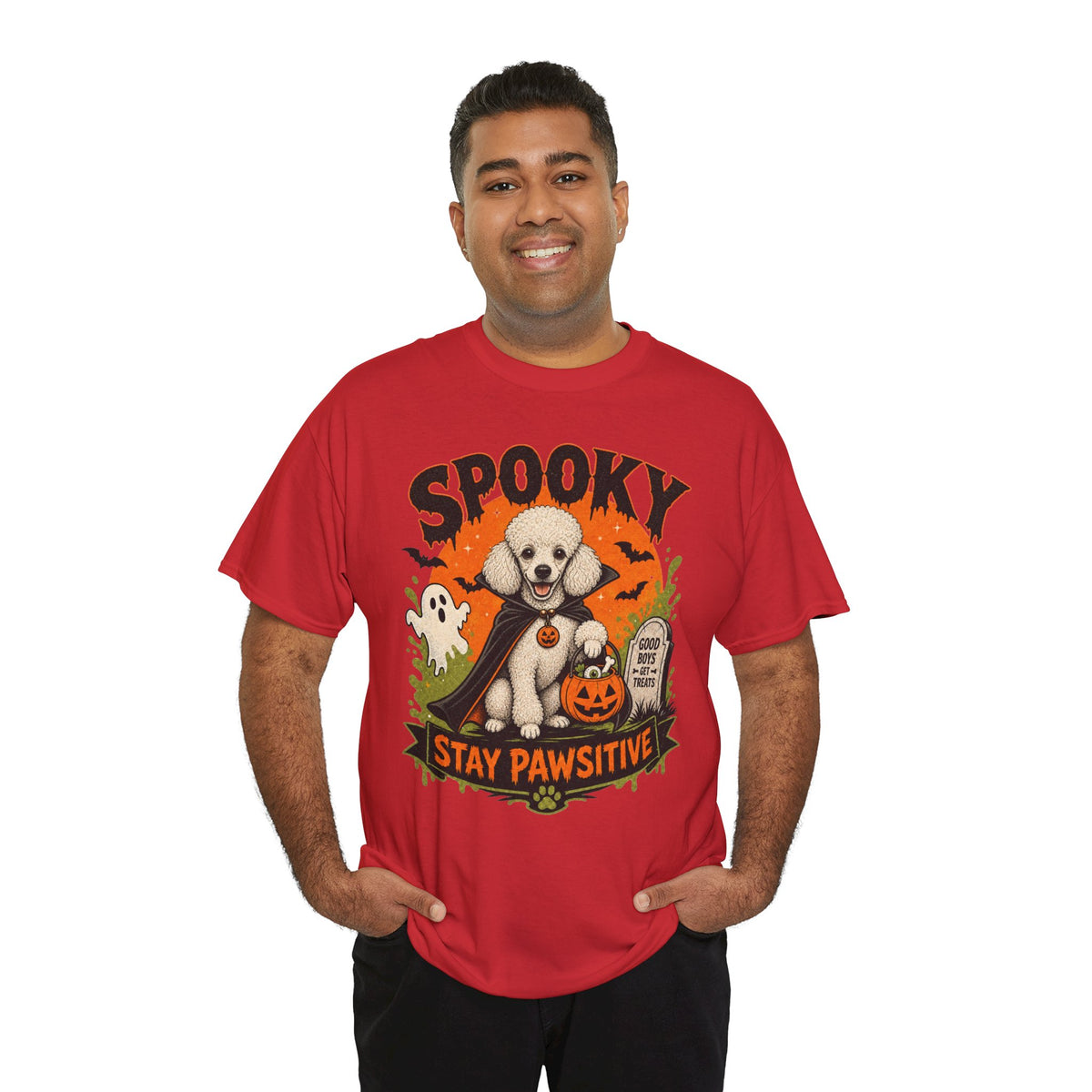 Spooky Stay Pawsitive Unisex T-Shirt — a vampire-caped white Poodle